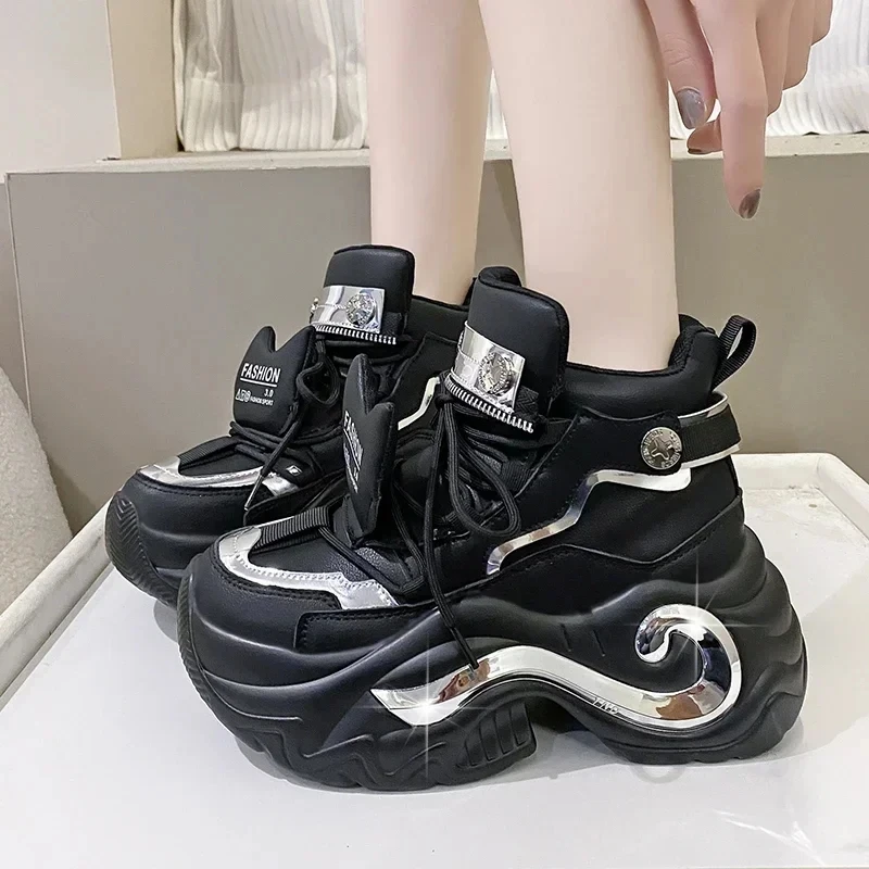 

Женские кроссовки из натуральной кожи на платформе, весна 202, повседневная обувь на массивном каблуке, зимние теплые зимние туфли на танкетке 6,5 см со шнуровкой на меху