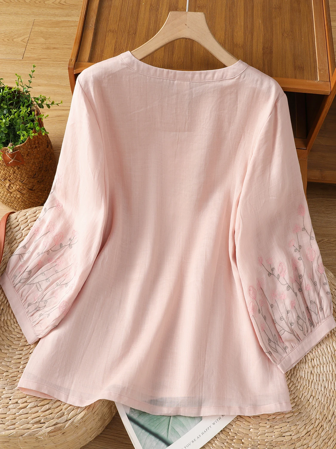 فضفاض عادية القطن الكتان المطرزة فانوس Sve irt المرأة حجم كبير سبعة Sve زر واحد الخامس طوق الصيف #2