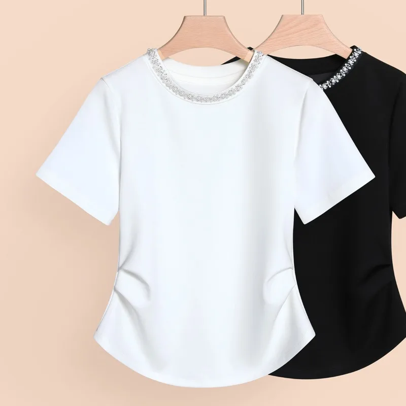 

Commuter style versatile top T-shirt, beaded round neck elastic short sleeves, new women's clothing