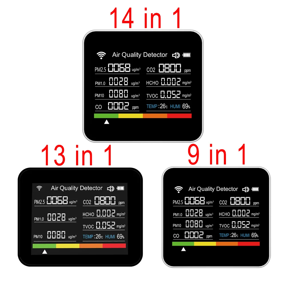 Monitor de calidad del aire 9 en 1/13 en 1, Detector de CO en tiempo Real, Kits de prueba de aire para el hogar, Control por aplicación, medidor de