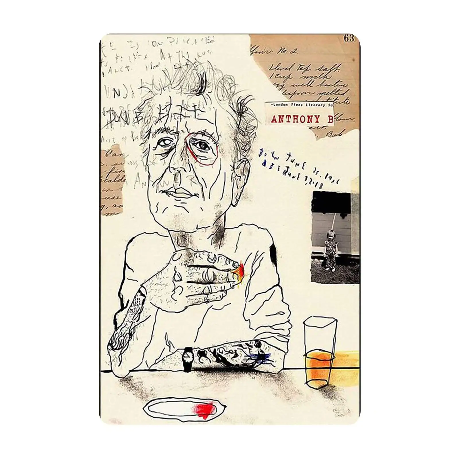 Tin Sign, Retro Pictorial Wall Art Of Anthony Bourdain Drinking Red Wine, Metal Coffee Tin Sign, Restaurant, Garage, Bar Wa sign