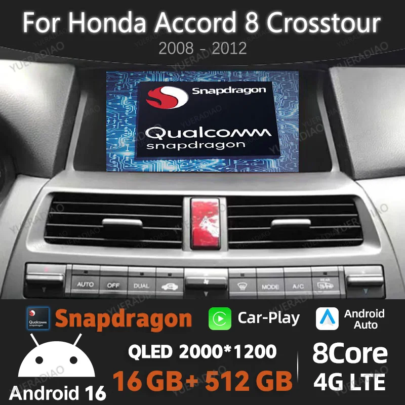 Radio para Auto Android 16 para Honda Accord 8 Crosstour 2008-2012, GPS, Navegador, Unidad Principal Multimedia, Reproductor de Video Estéreo, Qualcomm QLED, Bluetooth