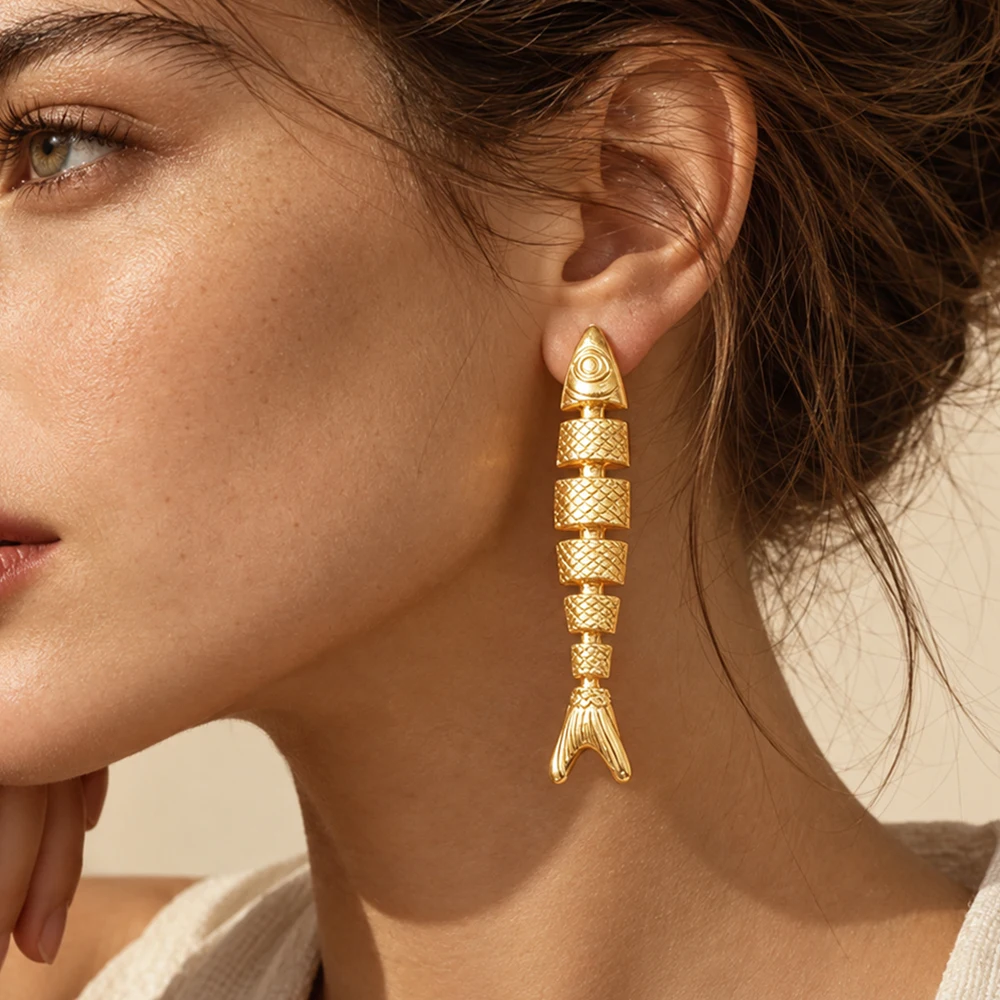 Fish Earrings for Women Silver Gold Color Long Dangle Fish Bone Skeleton Statement Drop Earrings Animal Jewelry Party Accessorie