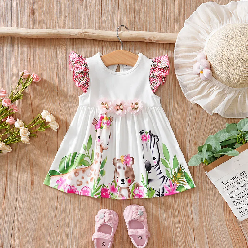 Newborn Clothes Cartoon Deer Zebra Print Three-Dimensional Flower Comfortable And Soft Girl Summer Flying Sleeve Baby Dress