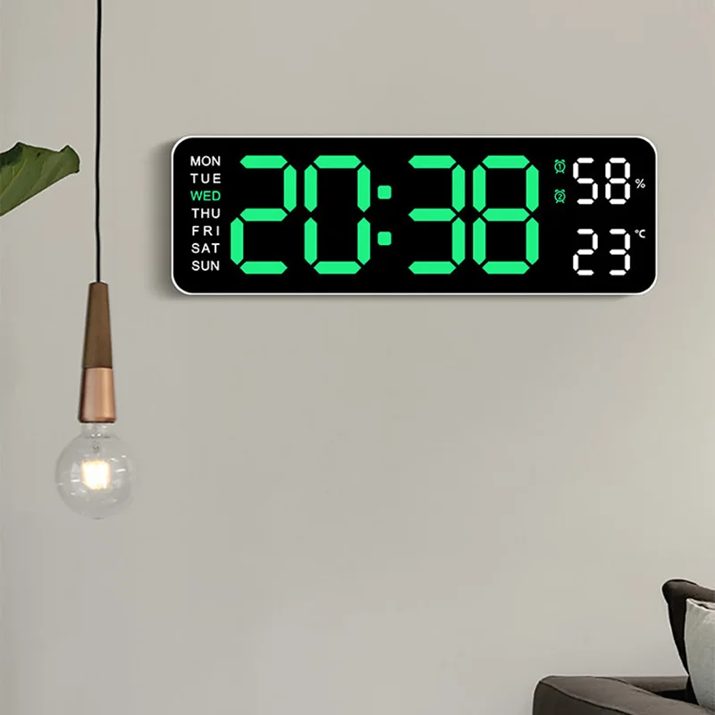 12/24H Large Digital Wall Clock Brightness Adjustable Electronic LED Table Alarm Clock Temperature Humidity Week Display Clock