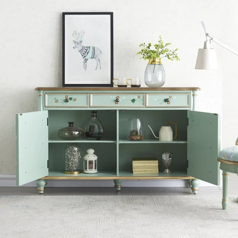 DSA solid wood dining side cabinet retro painted three-bucket two-door cabinet bedroom storage master bedroom bedside locker