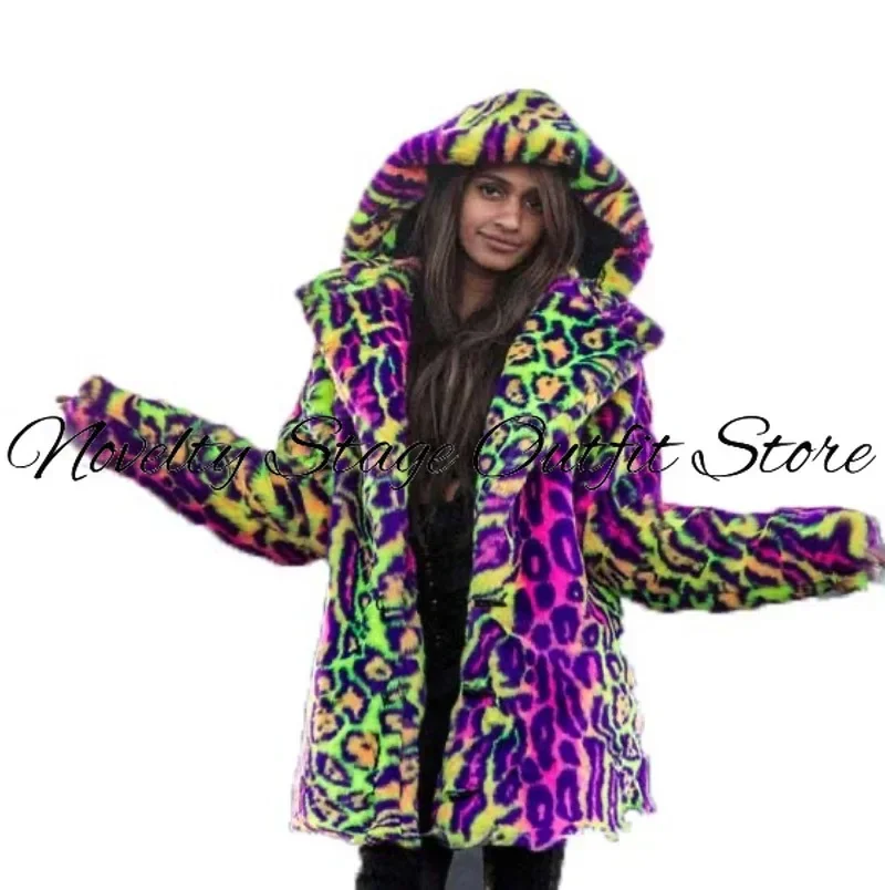 Leopard Faux Fur Coat Women Long Hoodie Rainbow Colorful Winter Warm Jacket Nightclub Party Luxury Festival Rave Outfit Cosplay