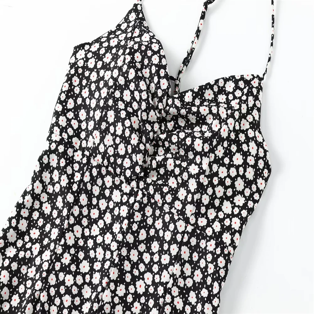 Spring and Summer 2024 New Women's Fashion and Casual Waist Closing Open Back Mid Length Split Strap Fragmented Flower Dress