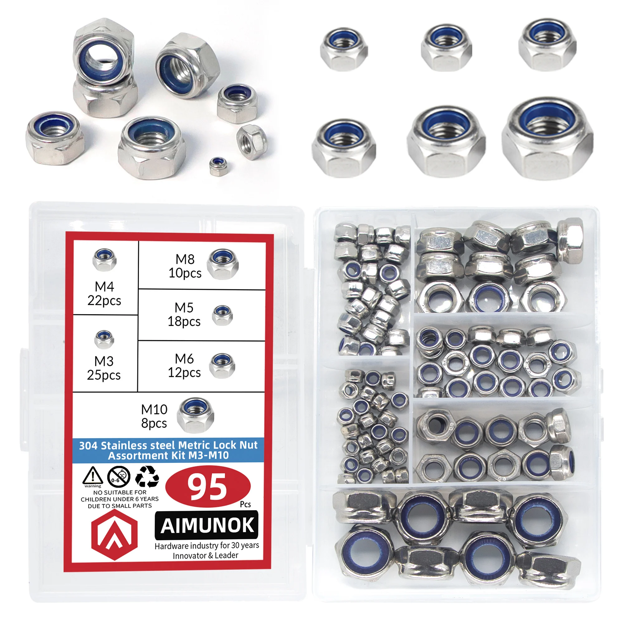 

95pcs 304 Stainless steel Metric Lock Nut Assortment Kit M3 M4 M5 M6 M8 M10 Hex Nylon Insert Lock Nut Self-locking Lock nut