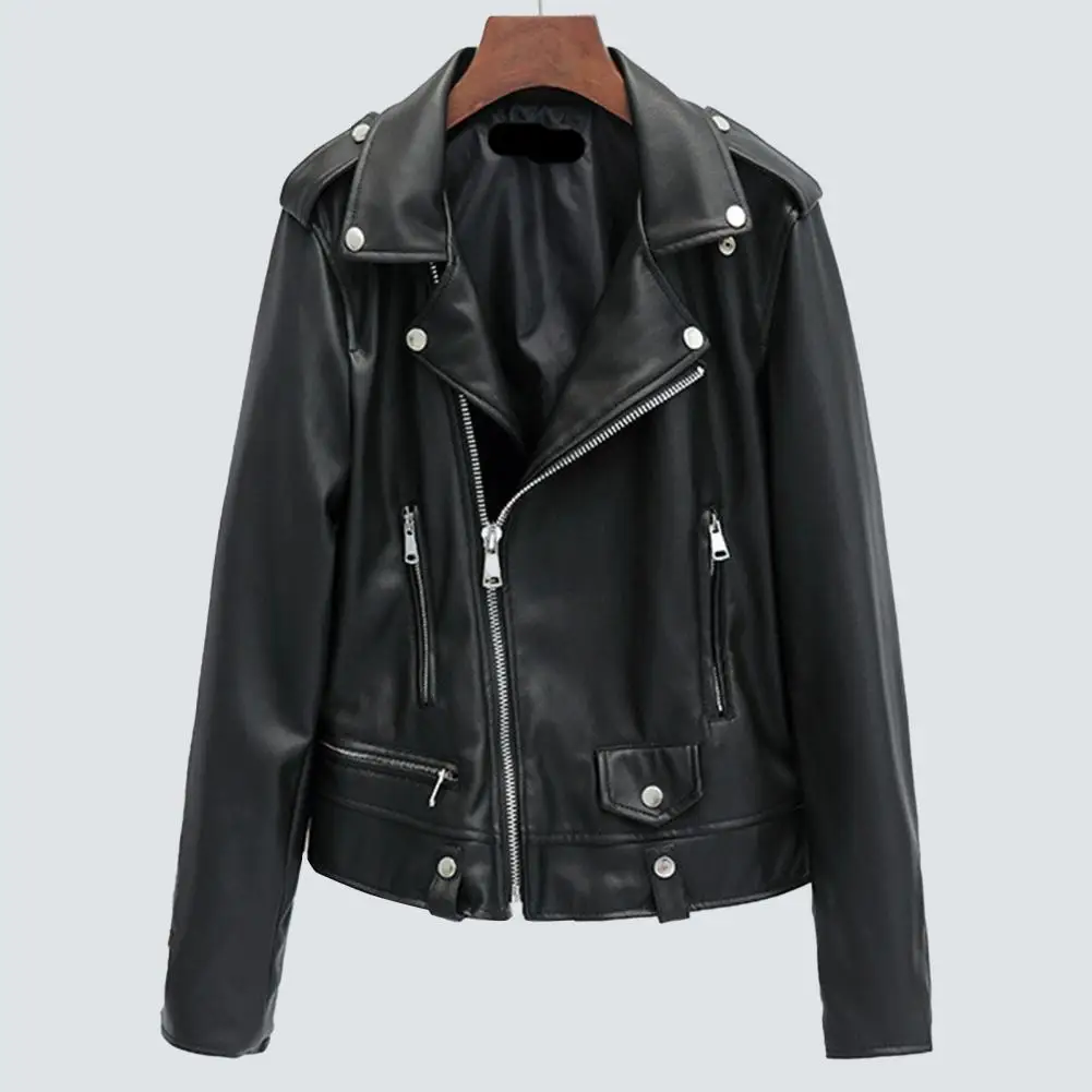 Winter Women Jacket Faux Leather Smooth Surface Turn-down Collar Zip-up Zipper Decor Outerwear Long Sleeves Motorcycle Coat