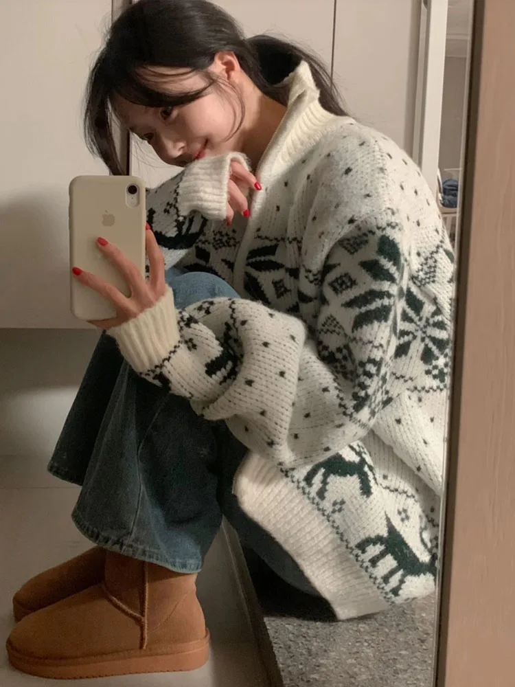 Ladies Lazy Sweater Coat Winter Spring Autumn Winter Loose Long Sleeve Zipper Knitted Cardigan Sweet Snowflake Pattern Outerwear