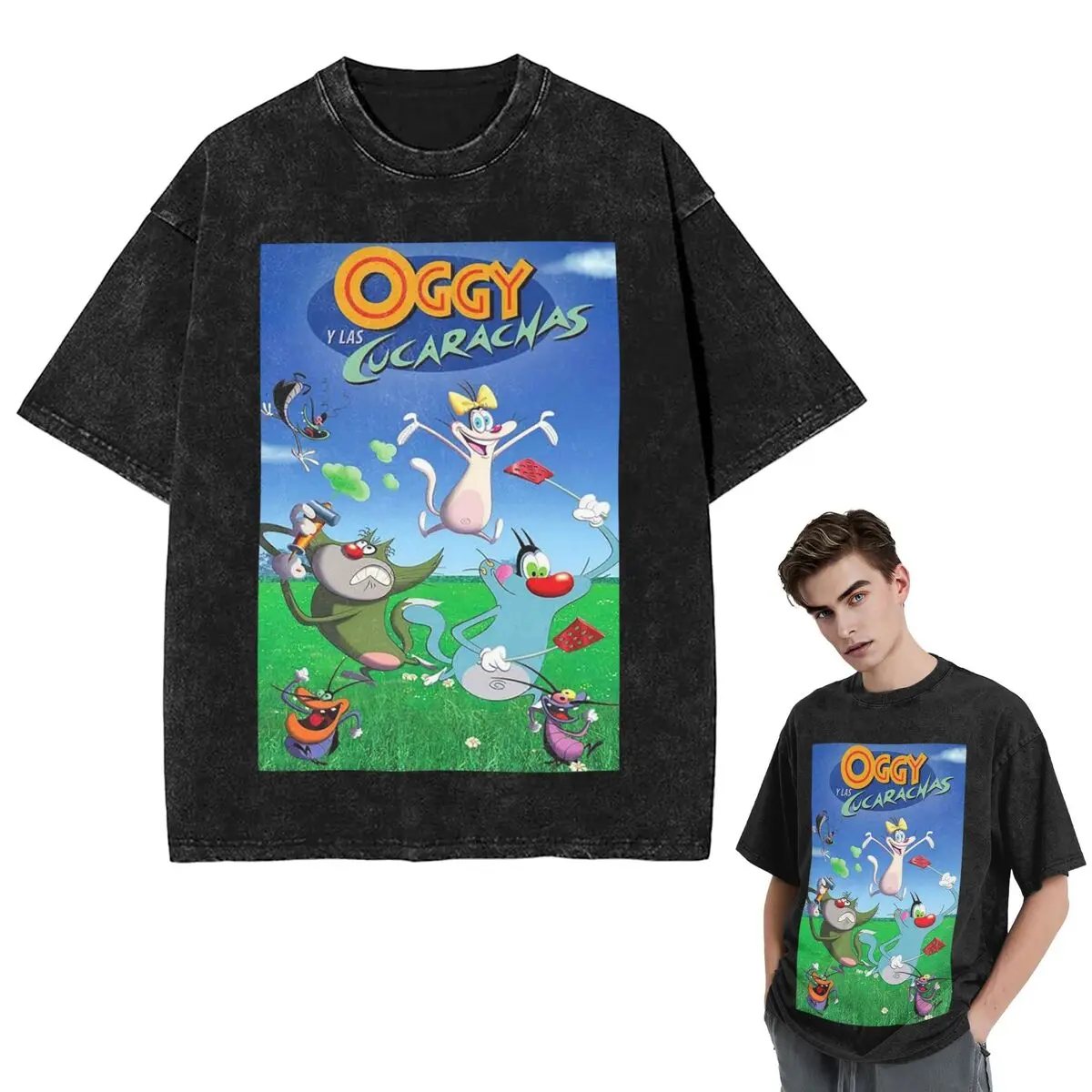 Streetwear T-Shirts Animation Anime Film Oggy And The Cockroaches Washed T Shirt Short Sleeve Hip Hop T-Shirt Tops Tees
