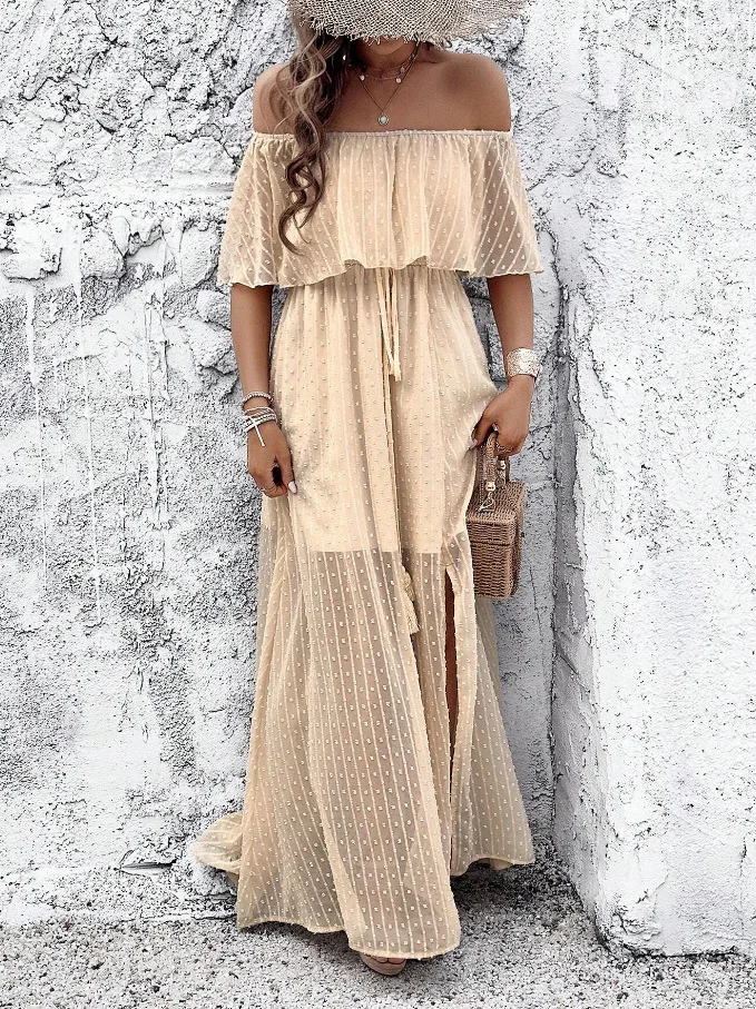 ชุดเดรสฤดูร้อนสำหรับผู้หญิง ดีไซน์หรูหรา เซ็กซี่ แต่งระบาย แขนสั้น คอเส้นเดียว สไตล์โบฮีเมียน เหมาะสำหรับใส่ไปเที่ยวทะเล ชุดเดรสยาว