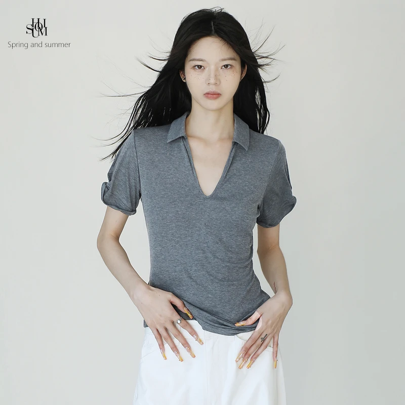 

uomi ey ort Sve T-irt Women's Ne Slim Fit Spor Casual Knitted Base irt Asymmetric American Casual Sle