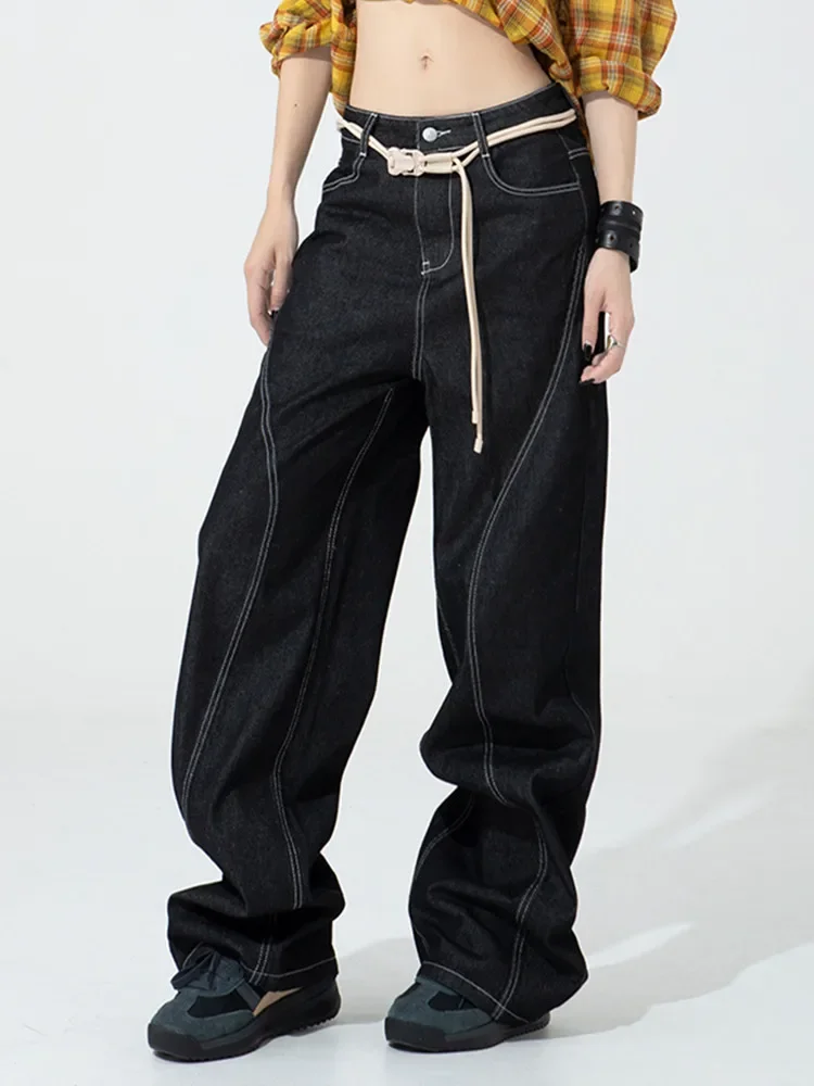 Black High Waisted Baggy Jeans Women 2000s Y2K Streetwear Casual Loose Denim Sickle Wide Leg Pants Ladies Fashion Splicing Jean