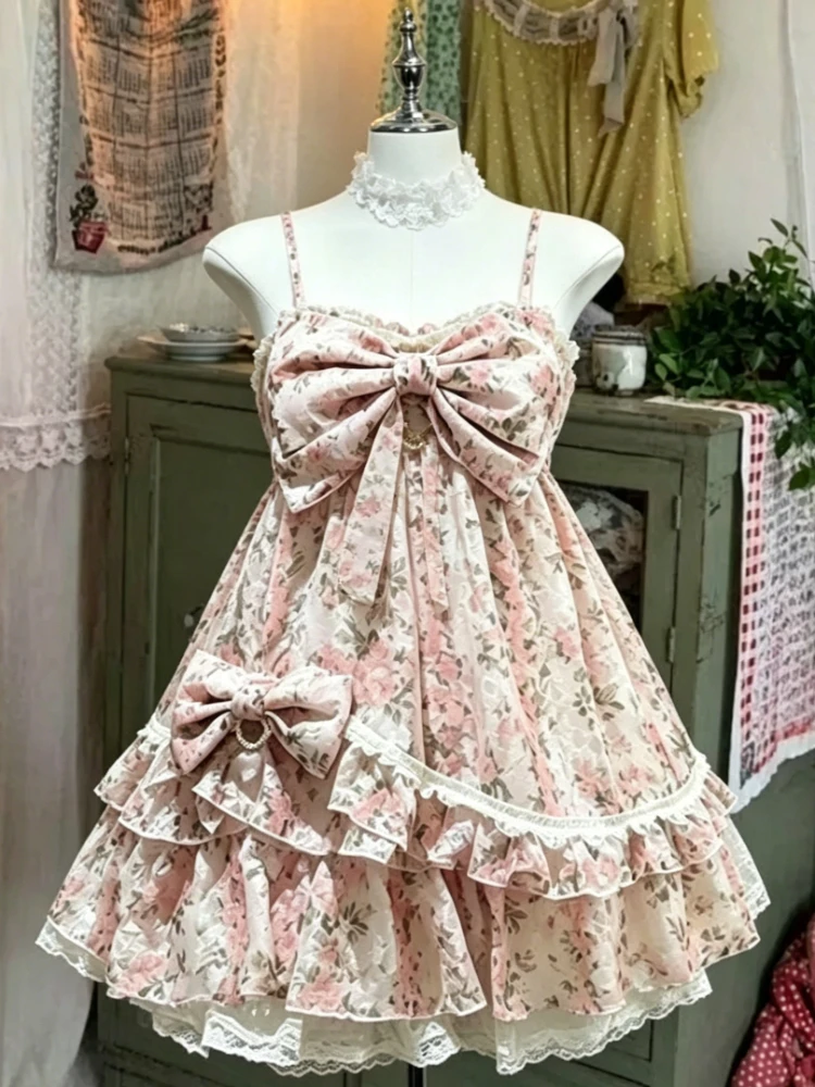 Japanisches Harajuku Lolita Kleid für Damen, Kawaii Süßes Spitzenkleid mit Schleife und Rüschen, Vintage Y2k Slim Bandage Kleid, Sommer 2026