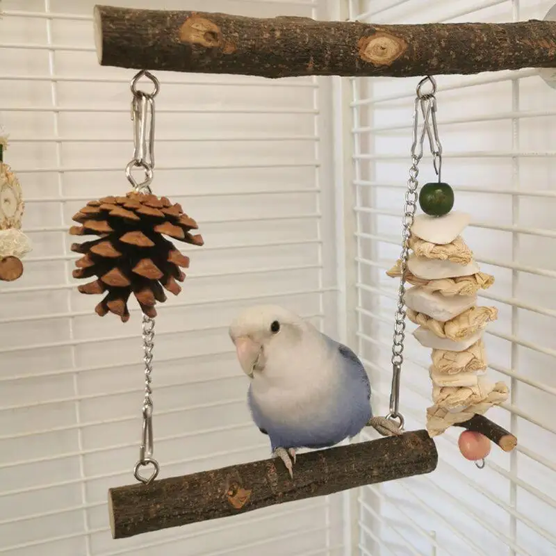 Natural Wood Bird Perch Play Stand Parrots Parakeet Swing Toys Bird Cage Accessories for Baby Lovebird Cockatiel Conure Finch