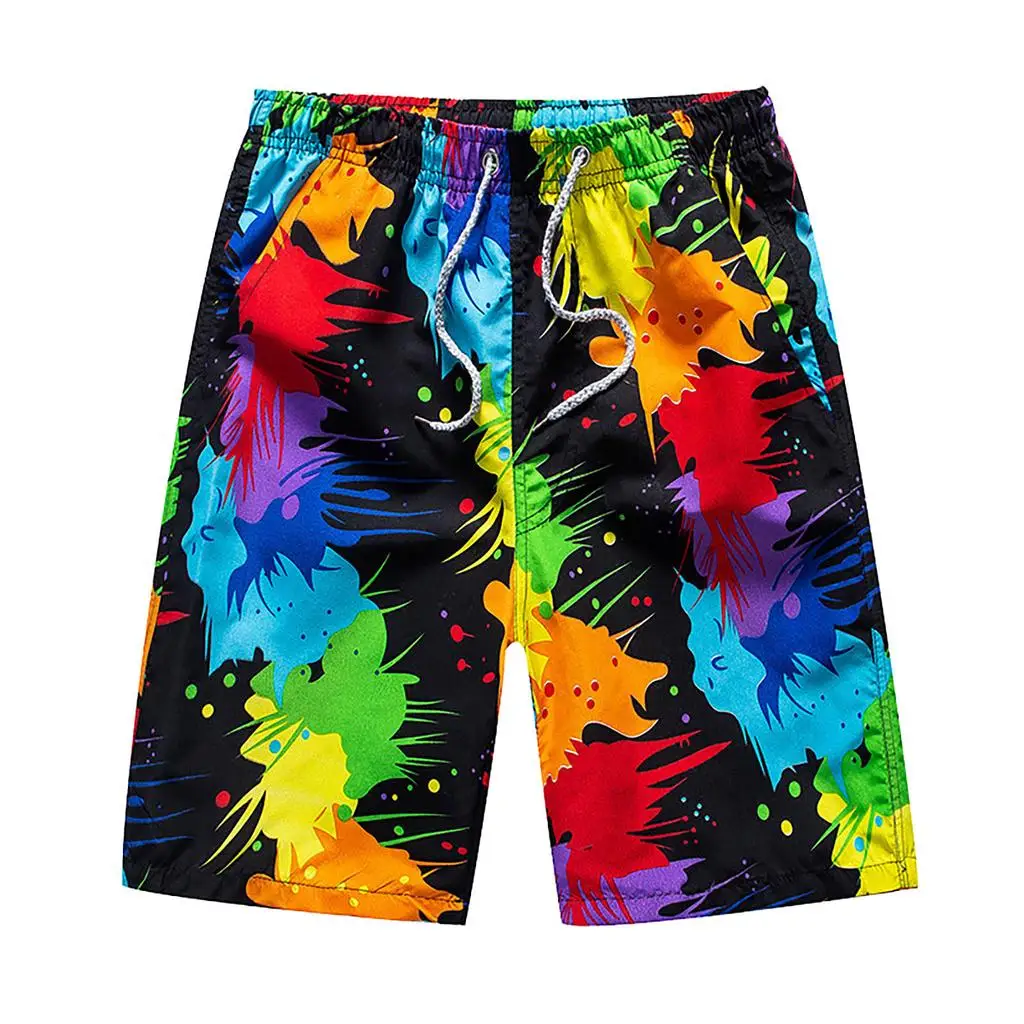 Men's Spring Summer 3D Printed Drawstring Shorts, Black Rainbow Splash Graffiti Street Trend Unique Bottoms
