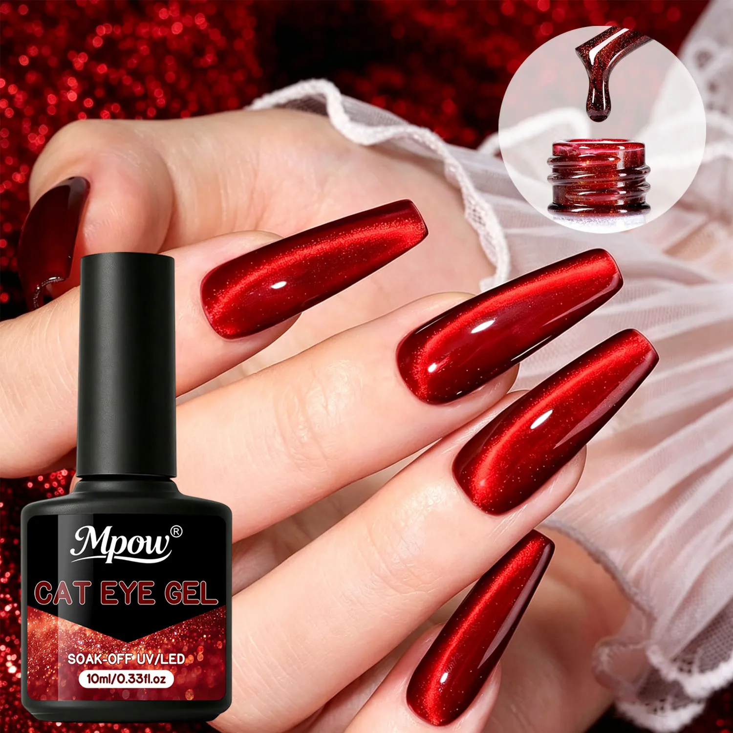 Mpow 10ml Red Cat Eye Gel Nail Polish Classic Red Magnetic Gel Shimmer Effect Soak Off UV LED Semi Permanent Nail Art DIY