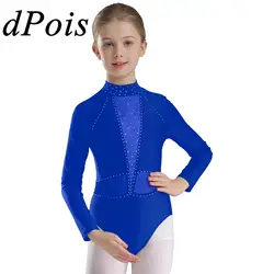 Kids Girls Long Sleeve Bodysuit Gymnastics Jumpsuit Figure Skating Costume Children Sheer Mesh Splice Tutu Ballet Dance Leotard