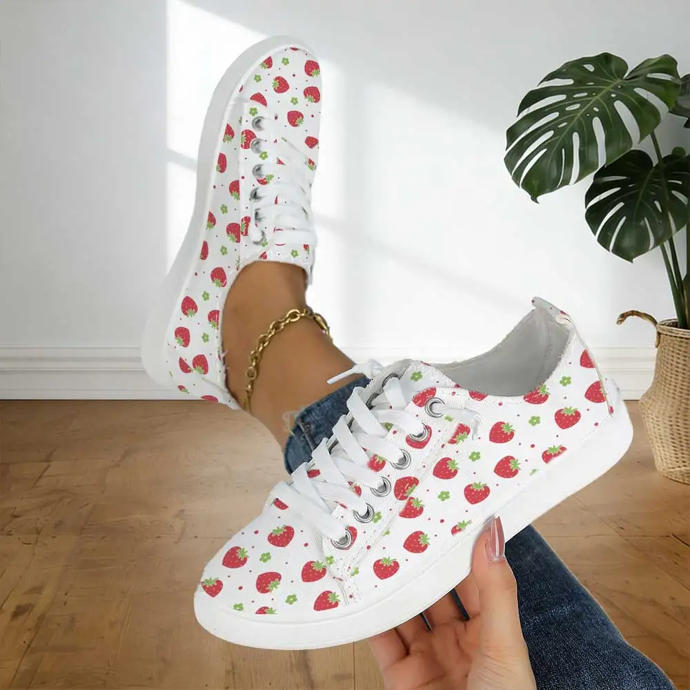 Fresh and Simple Red Strawberry Print Canvas Shoes, Soft-Soled Breathable Slip-On Shallow Sneakers, Women's Flats