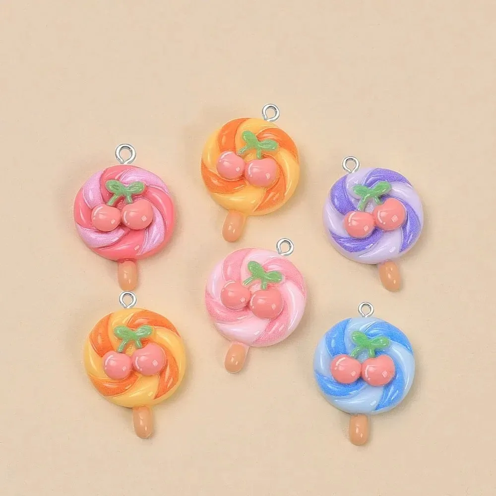 10Pcs Kawaii Cartoon Cherry Lollipop Resin Charms Mini Candy Pendants DIY Craft Supplies For Handmade Jewelry