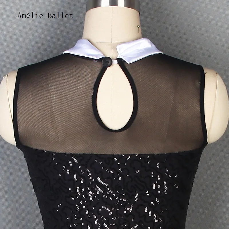 19101 Leotardo de lentejuelas de malla negra, trajes de actuación escénica de Jazz y Hip Hop para mujeres y niños, ropa de baile sin mangas, falda