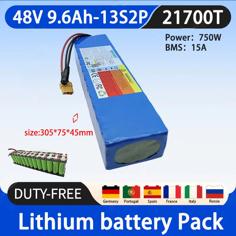 

48V 9.6Ah new 21700 lithium battery pack, 13S2P high power, suitable for various transportation modes, brand new original+2A cha