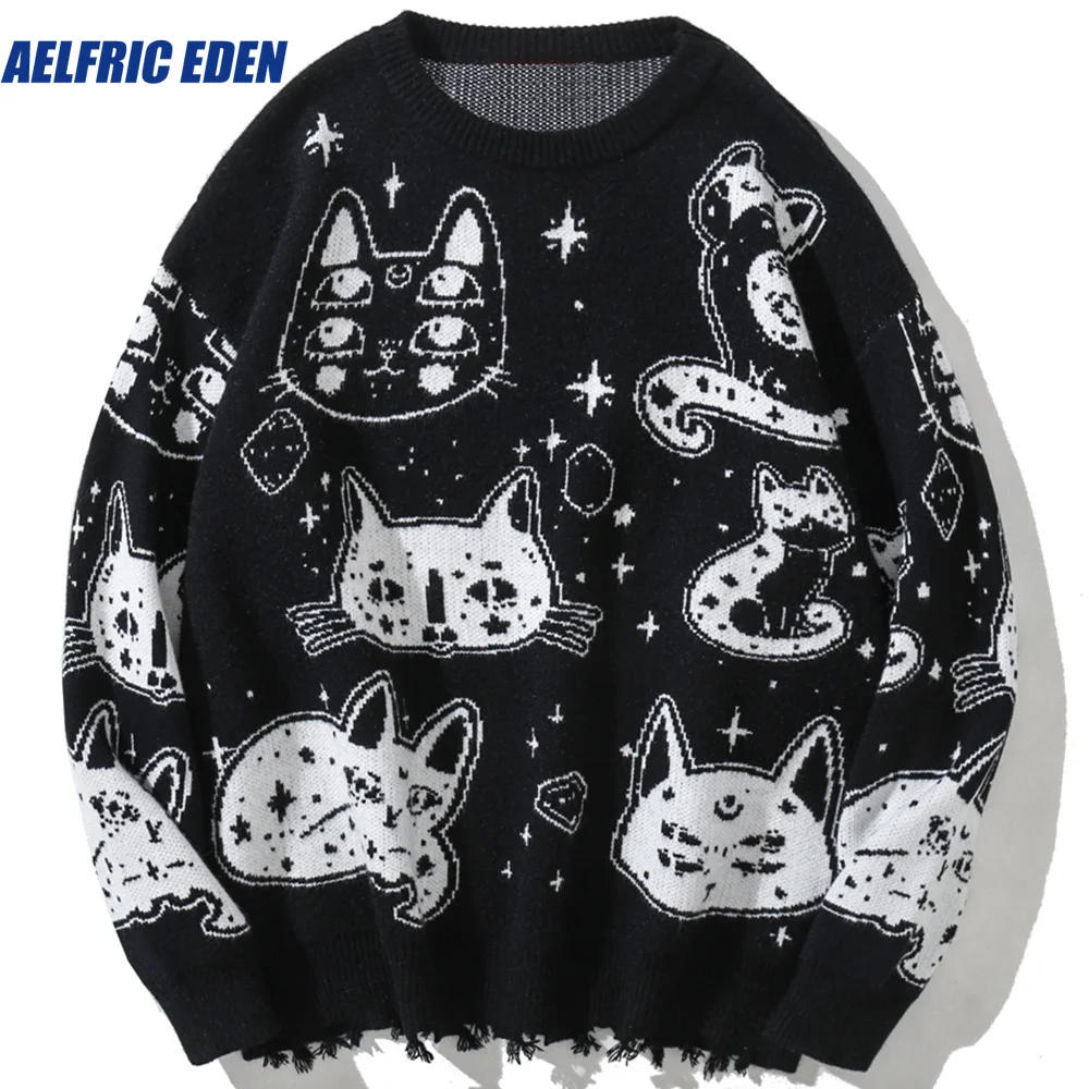 Y2K Sweaters Men Japanese Retro Cute Cat O-Neck Jumpers Advanced College Style Fashion Knitted Loose Casual Streetwear