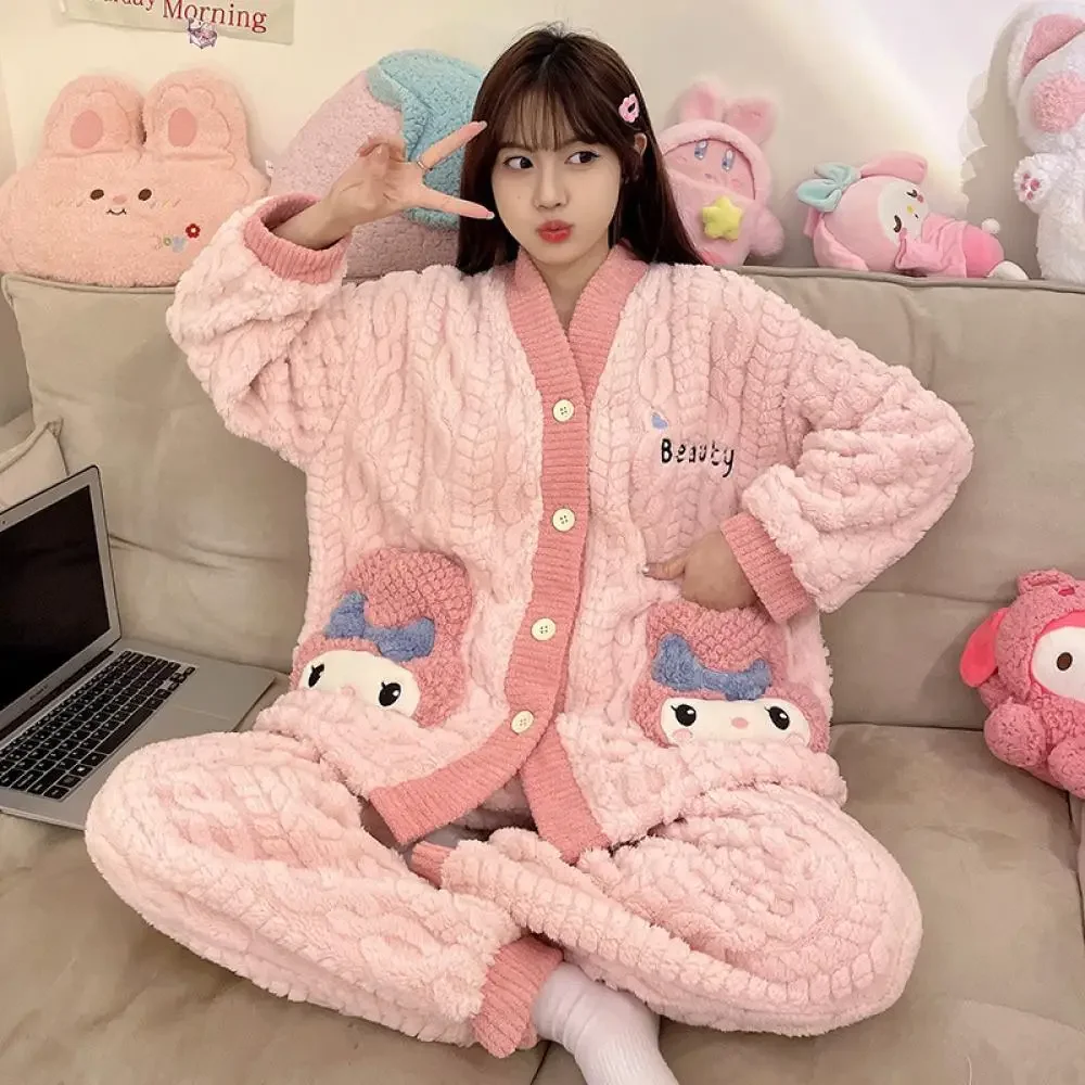 Kawaii Sanrios Melody Kuromi Women\'s Pajamas Set Hello Kitty Winter Anime Cartoon Flannel Thicken Nightwear Homewear Tops Pants