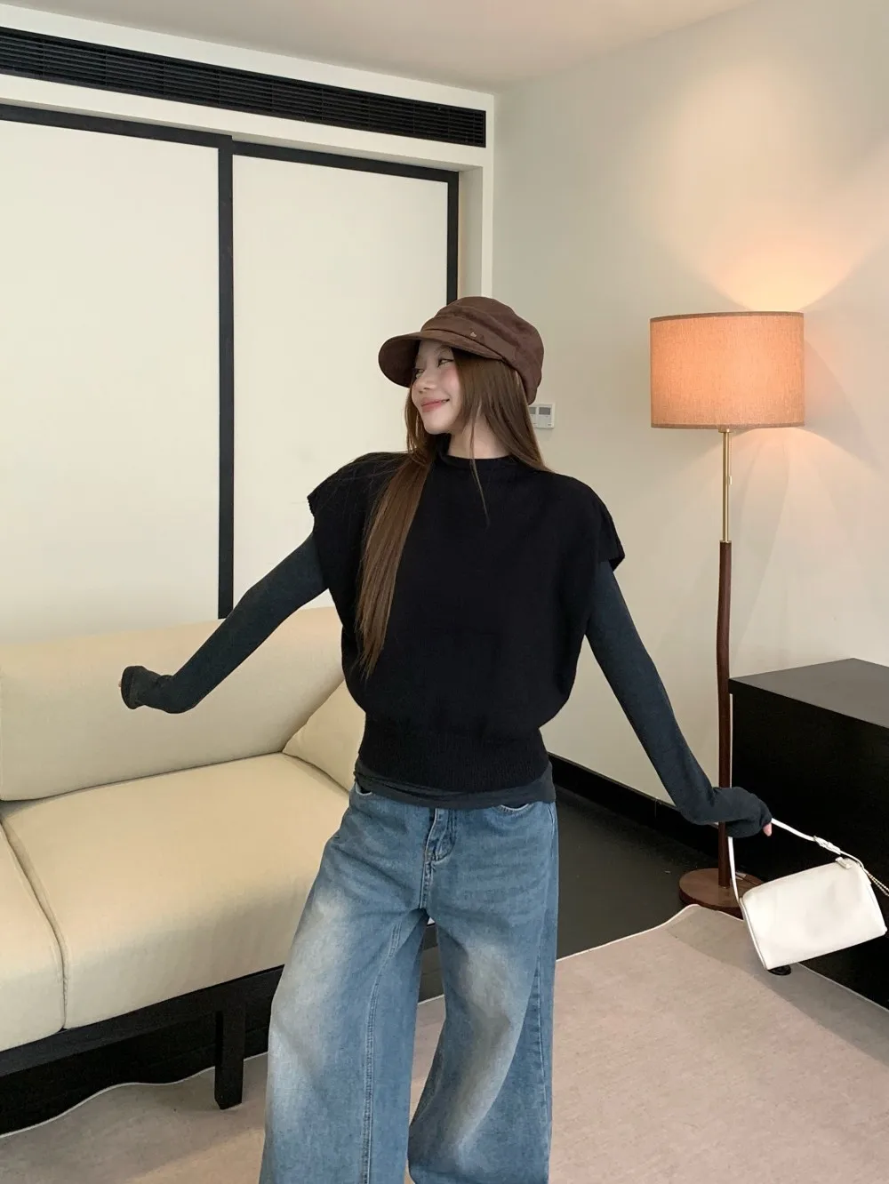 Ele conjunto de suéter e colete de malha solto ajuste longo sve ort sve outono inverno cor pura base irt feminino faion