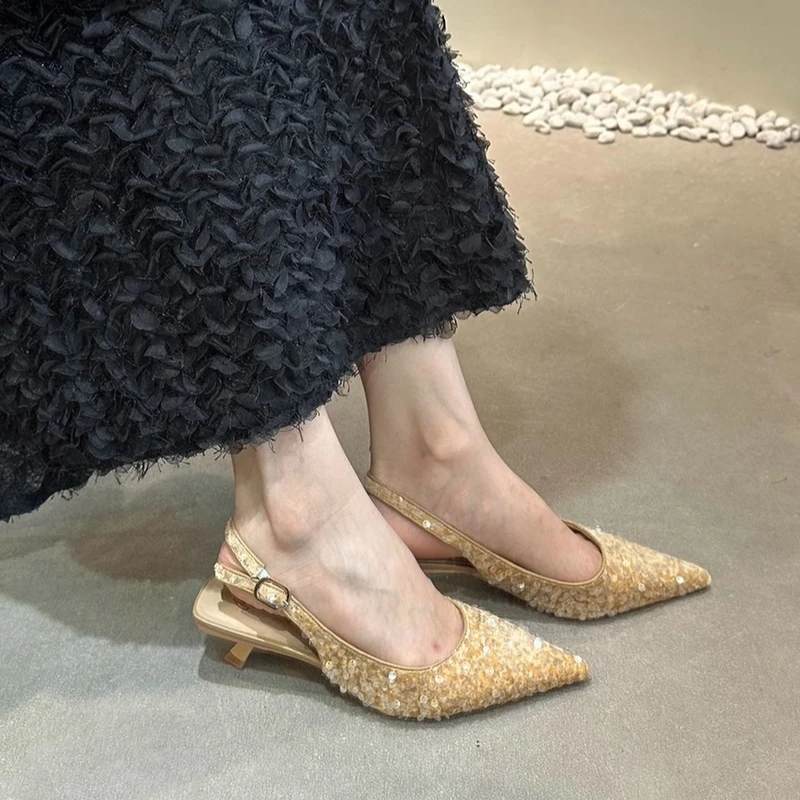 

Women's Single Shoes with Heels Bling Pointed Toe Thin Heels Shoes Women Banquet French A Sense of High-end Sandalias De Mujer