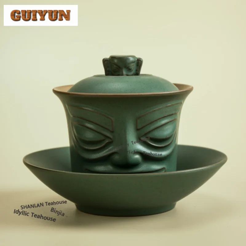 

180ml Sanxingdui Bronze Mask Ceramic Gaiwan Vintage Tea Tureen Tea Bowl With Lid Kit Tea Maker Cover Bowl For Tea Collection
