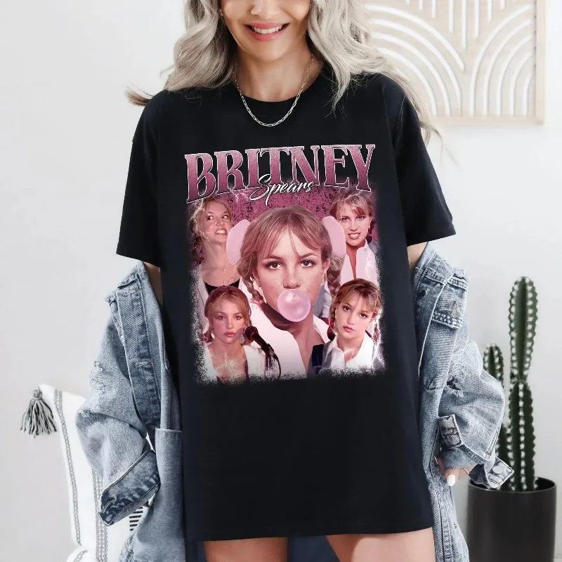 Britney Spears Retrato Impresso Camiseta Feminina Fan de Música Top Primavera/Verão Puro Algodão Unissex Camiseta de Manga Curta
