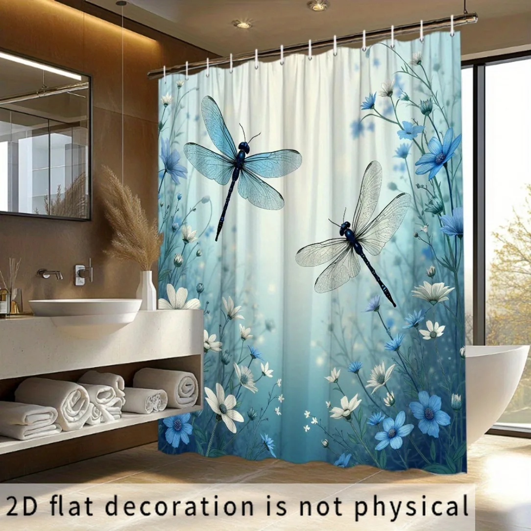 2D Flat, 2D Flat, 2D Flat Shower Curtain 1pc, Dragonfly And Floral Pattern Shower Curtain - Soft Blue And White Design with Intr