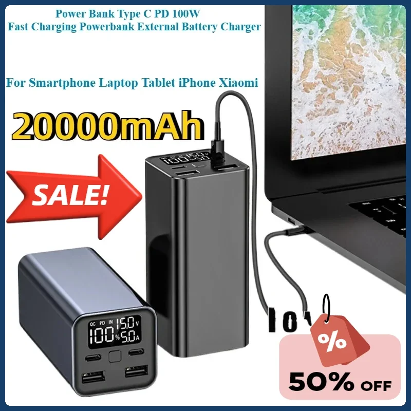 

20000mAh For Smartphone Laptop Tablet iPhone Xiaomi Power Bank Type C PD 100W Fast Charging Powerbank External Battery Charger