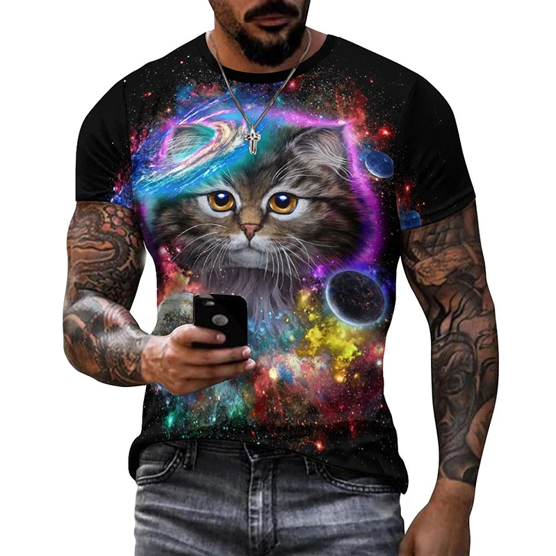 3D-Druck Bunte Lustige Katzen-Grafik T-Shirts für Männer Sommer Kurzarm Herren Tee Tops Mode Lässig Übergrößen Streetwear – Detail 5