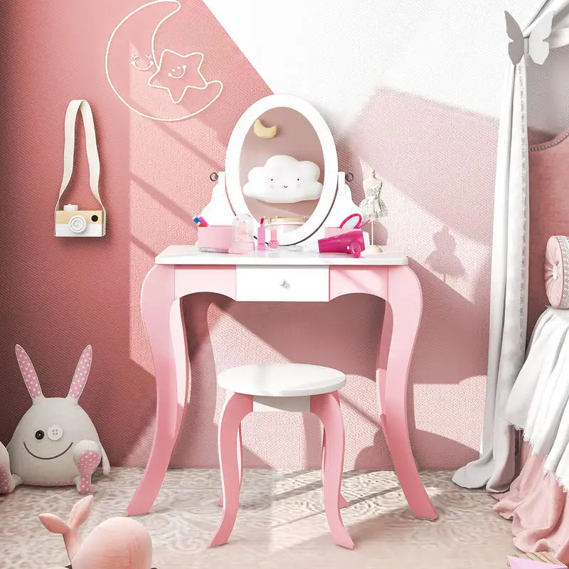 

Pretend Kids Vanity Set with 360° Rotatable Mirror and Play Accessories