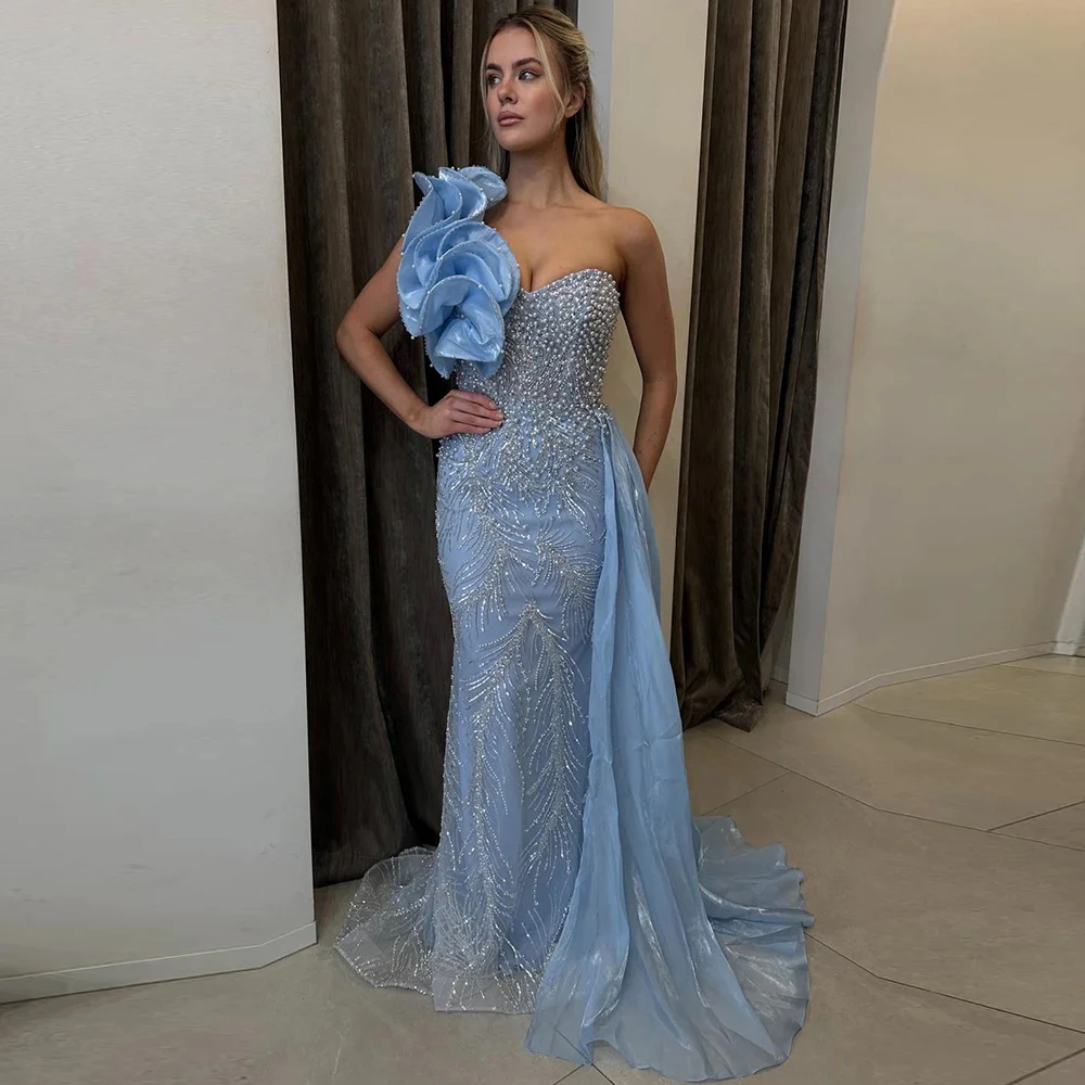 Modern Heavy Work Evening Dresses Satin Mermaid/Trumpet Prom Dress Blue One-shoulder Pearls Pattern Draped Party Dress Long 2025