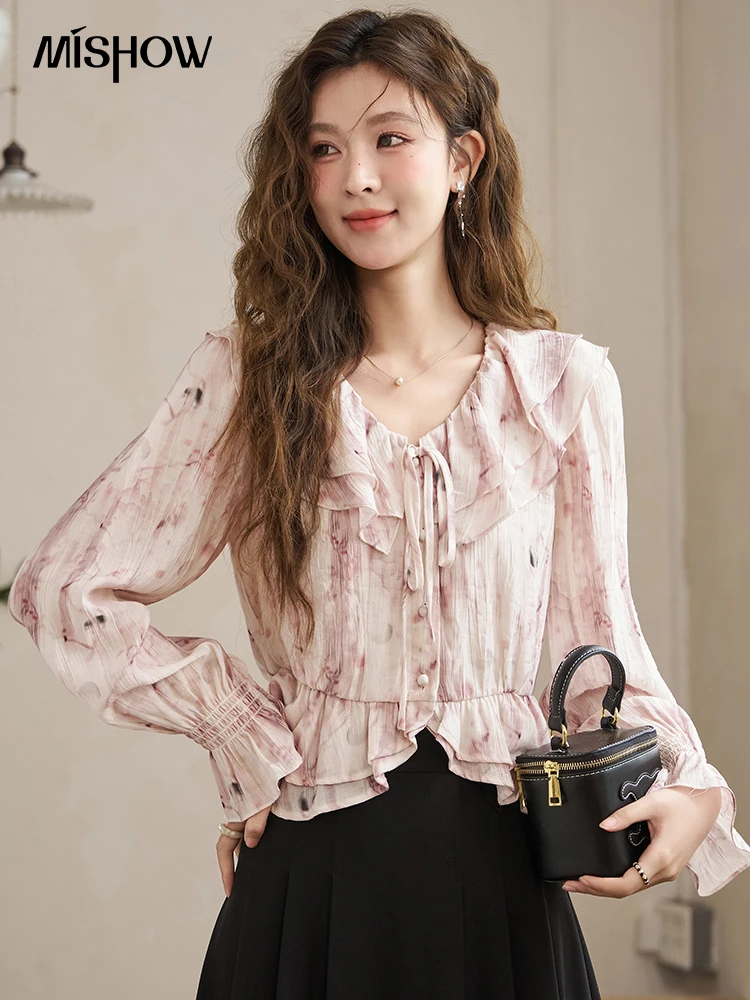 MISHOW Ruffled Double-layer Collar Blouses for Women Spring 2024 V-neck Halo Dyeing Chiffon Loose Flared Sleeve Top MXD11X1327