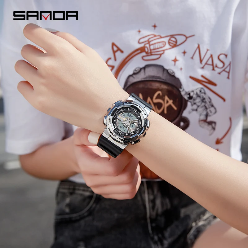 SANDA Top Brand Men Watch Luxury Dual Time Electronic Movement Watches Stopwatch Countdown Digital Clock For Man Luminous Hour