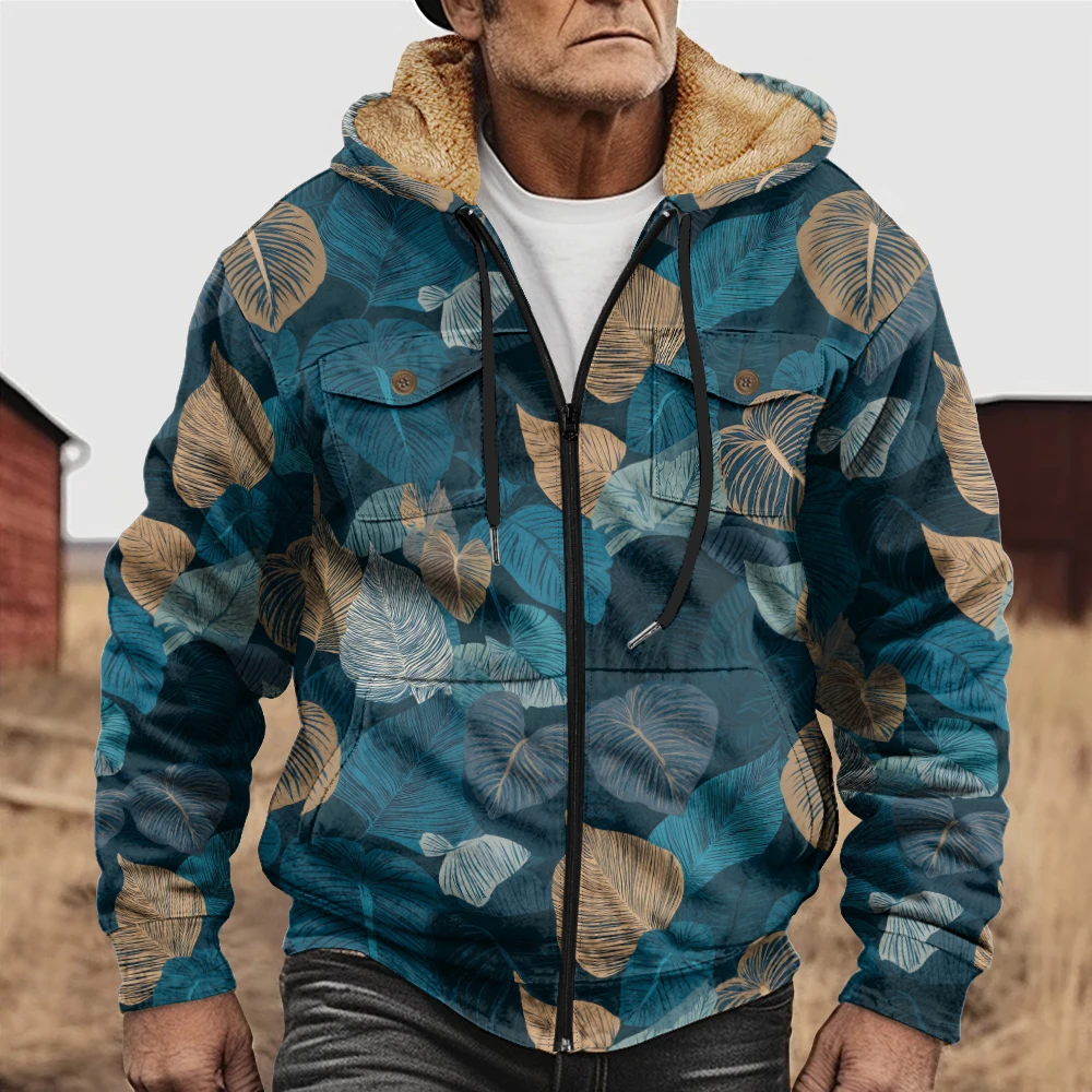 

Куртка унисекс с капюшоном на молнии и узором тропических листьев, мягкая подкладка из искусственного меха, теплая и стильная для уличной и повседневной уличной одежды