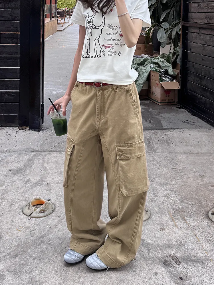 Khaki Workwear Pants Loose Wide Leg Trousers Men Women Casual Comfortable Straight Cut Trousers Retro High Street Style