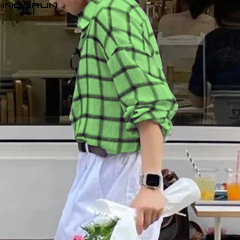 

INCERUN Мужская клетчатая рубашка с лацканами и длинными рукавами на пуговицах, повседневная мужская одежда, уличная одежда 2025 года, осенние свободные модные мужские топы в корейском стиле