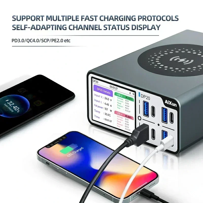 Aixun DP20 200W Smart Charger alimentatore Desktop multiporta cablato/ricarica Wireles per iPhone Android PD QC Fast Charger