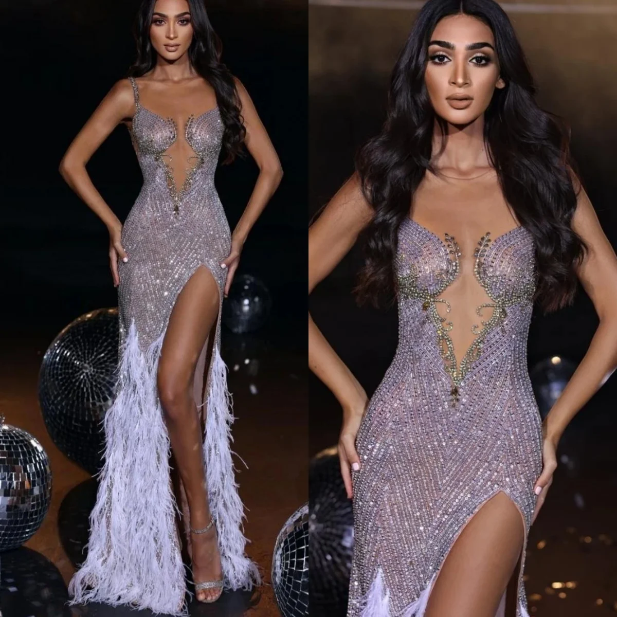 

Sexy Evening Dresses For Women Sheer Neck Sleeveless Gown Sequins Feather Crystal Split Side Sweep Train Customized Dress