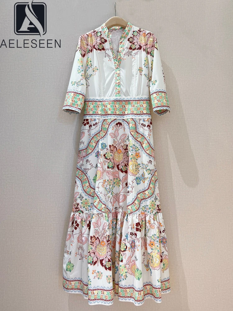 

AELESEEN Runway Fashion Long Slim Dress Women Half Sleeve V-Neck Summer Ethnic Flower Print High Waist Vintage Elegant Party