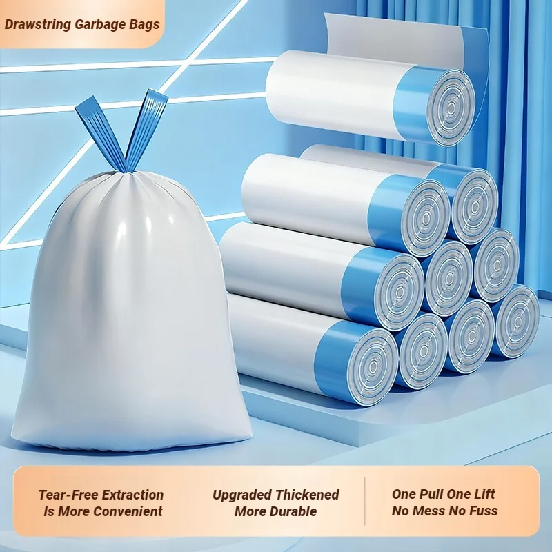 Saco de Lixo com Cordão, Portátil para Uso Doméstico, Grande, de Plástico Grosso, para Cozinha, Dormitório Estudantil, Fechamento Automático, Branco, Multiuso