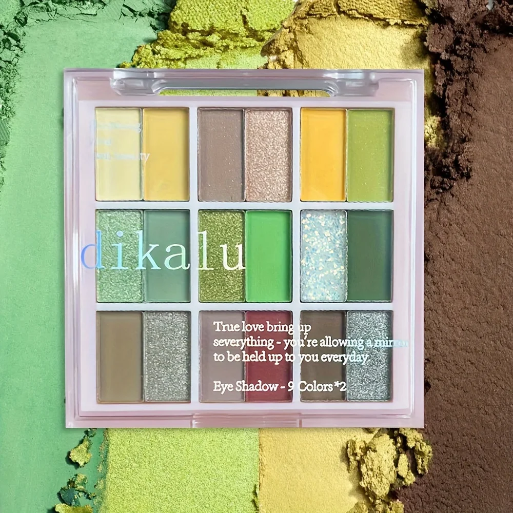 Dikalu 18 Colors Eyeshadow Palette - Nature Makeup Effect, Green & Yellow Tones, Matte & Shimmer Finishes, 9-18 Color