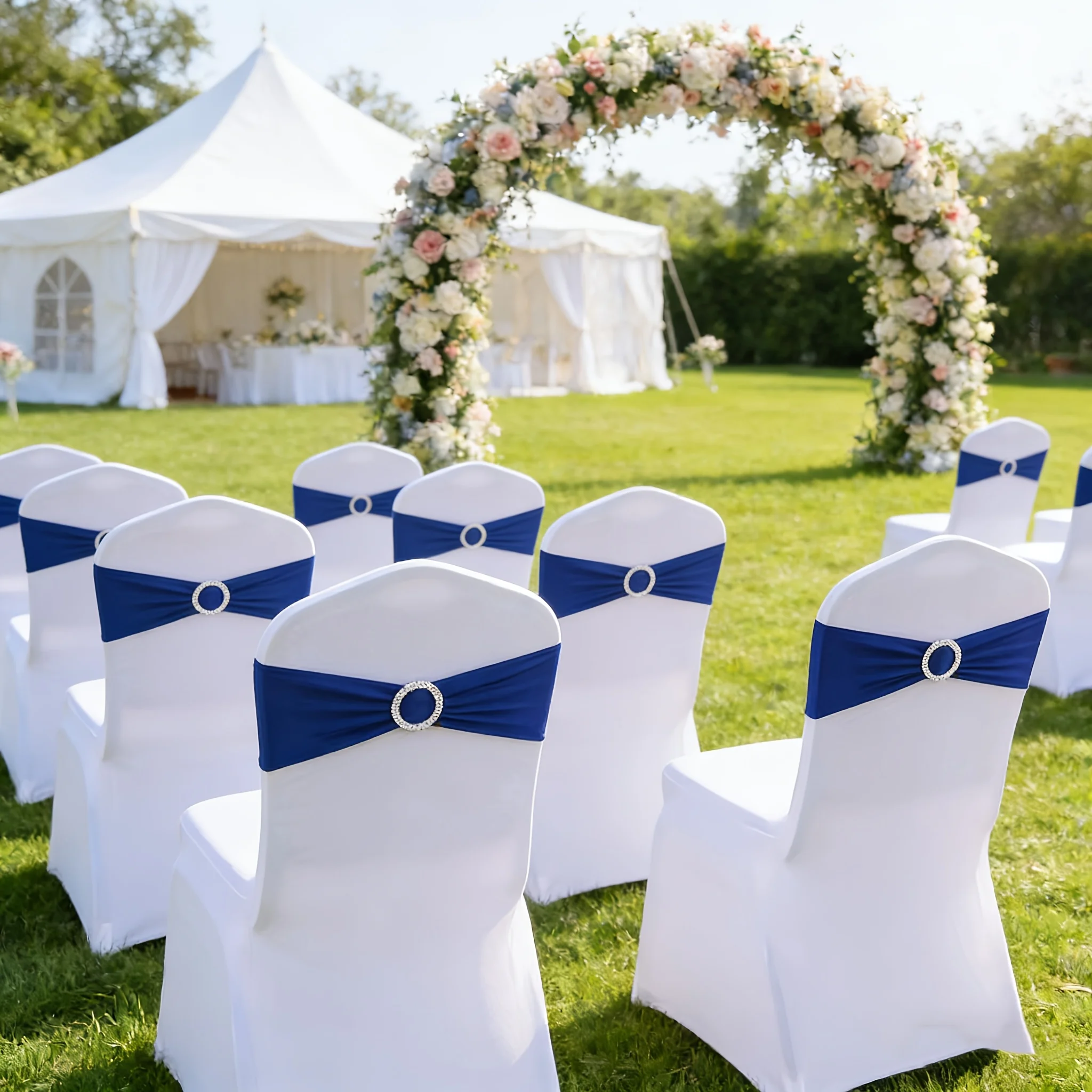 

50, 100pcs Elastic Wedding Chair Back Decoration With Bow, An Essential Wedding Accessory, Available In Royal Blue, Bright Red,